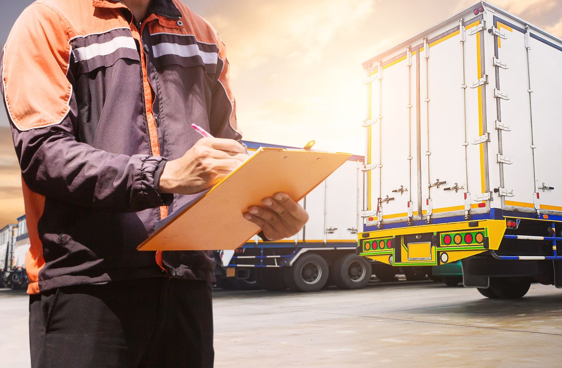 Workers Holding Clipboard Inspects Container Trucks. Control the Loading of Goods at the Port Warehouse. Shipping Cargo Container. Freight Truck Import-Export Logistics, Distribution Warehouse.